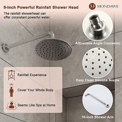 MONDAWE 9 Inch Wall Mounted Shower Faucet Set in Brushed Nickel, Rainfall Shower Head with 3-Setting Handheld Spray Shower Set Combo, High Pressure Shower System with Solid Brass Valve - color: Brushed Nickel, style: 9 IN - Without Tub Spout