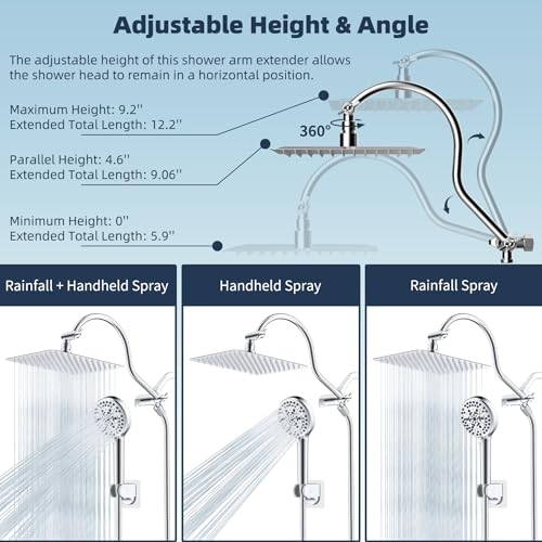 Hibbent All Metal CUPC Certified Shower Head, 10'' High Pressure Rainfall Shower Head, Handheld Showerhead Combo, 12'' Adjustable Extension Arm, 10 Sprays, 71'' Shower Hose, Showerhead Holder, Chrome - color: Chrome, style: Square 10''