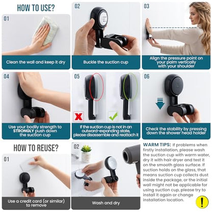 TAILI Shower Head Holder Suction,Adjustable Height & Angle,Universal,Black | bathroom handheld shower wand bracket,no-drill removable waterproof,round,plastic,wall mounted,kids,pets,4.5" - color: Black, size: Round
