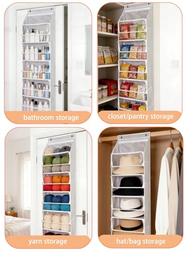 Over Door Storage Bag with Zippered Closure, 6 Tier Hanging Organizer, Behind Door Stuffed Animal/Toy/Plush Holder, Clear Window, Home Organization for Bathroom/Bedroom/Closet/Nursery, 1Pack,Beige