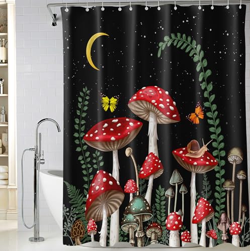 Black Mushroom Shower Curtains 72 x 72 Inch, Waterproof Fabric Rustic Retro Mushroom Moon Butterfly Botanical Bathroom Shower Curtain with 12 Hooks - color: Black Mushroom, size: 72"W x 72"L (Pack of 1)