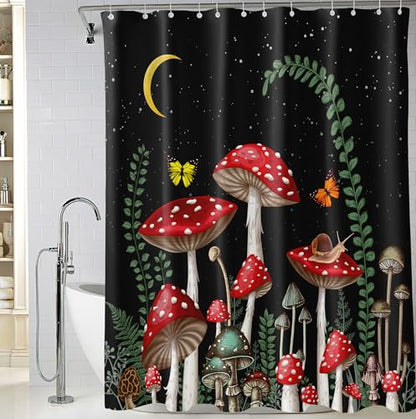 Black Mushroom Shower Curtains 72 x 72 Inch, Waterproof Fabric Rustic Retro Mushroom Moon Butterfly Botanical Bathroom Shower Curtain with 12 Hooks - color: Black Mushroom, size: 72"W x 72"L (Pack of 1)