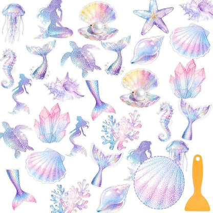 Fullhawl 30 Pcs Mermaid Non Slip Bathtub Stickers Colorful Mermaid Anti Slip Shower Stickers Shower Floor Nonslip Sticker Applique Adhesive Decals Treads with Scraper for Bathtub Bathroom Floor - style: Mermaid