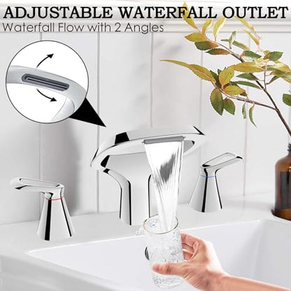 Bathroom Faucets for Sink 3 Hole, Bezeit 8 Inch Widespread Bathroom Faucet with Waterfall Spout, Solid Brass Chrome Faucet with 2 Handles and Water Supply Hoses - color: Chrome, style: Modern