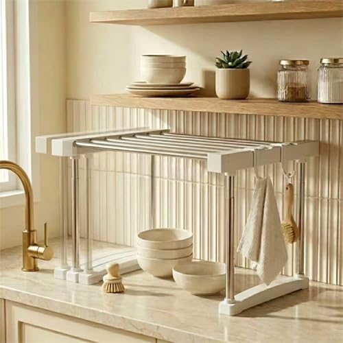 BLULEE Expandable Under Sink Organizer, No-Drill Adjustable Shelf | Custom fit around pipes cabinet rack for bathroom vanity and kitchen pantry, supporting heavy laundry supplies. - color: White, size: 1 Pack