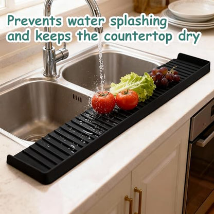Silicone Sink Edge Protector Splash Guard,Sink Granite Edge Protector,30x4 Inch with Suction Cups & 5°Tilt, Cuttable for Kitchen Bathroom Countertops, Granite Quartz Surfaces (Black)