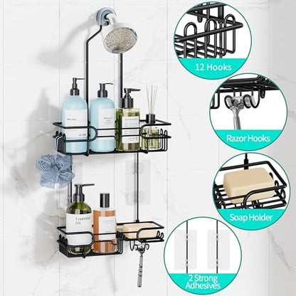 HapiRm Hanging Shower Caddy Organizer - Bathroom Organizer with 12 Hooks and Soap Holder, Rustproof Shower Shelf over Shower Head - Black - color: Black