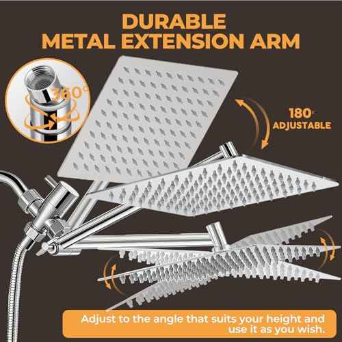Shower Head,10”Rain Shower Head with Handheld Spray Combo with 11'' Angle Adjustable Extension Arm/Flow Regulator/Shower System,High Pressure Rainfall Shower Head Clean Bathroom,Matt Black - color: Sliver, size: 10 Inch