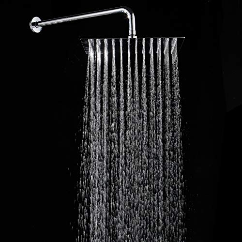 Square Rain Shower Head, High Pressure Rainfall Showerhead, Large Fixed Stainless Steel Polished Chrome Shower Rain, 12 Inch Rainhead and 15 Inch Extension Arm
