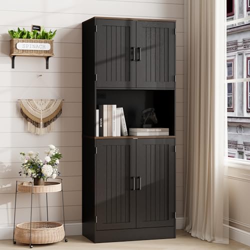 MHOM 71" Tall Pantry Cabinet with Charging Station, Farmhouse Kitchen Hutch with Adjustable Shelves, Modern Kitchen Pantry Storage Cabinet for Dinning Room & Living Room, Antique Black - color: Black