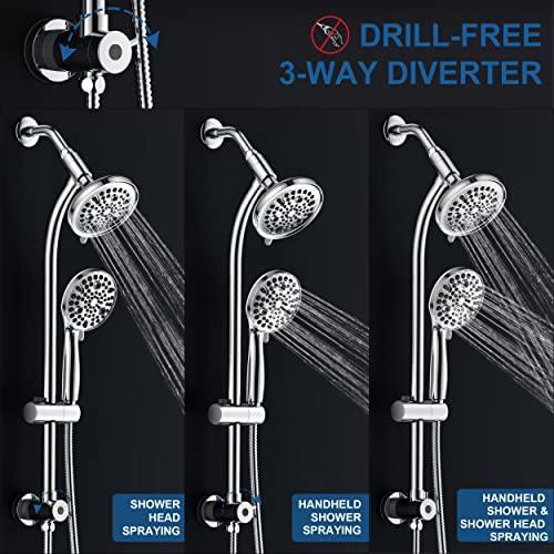 High Pressure Handheld/Rain 82-mode 3-way Shower Head Combo with 25.75" Adjustable Drill-free Stainless Steel Slide Bar, Pet & Tub Power Wash and Anti-clog Nozzles, with 5ft Hose - Polished Chrome - color: Polished Chrome