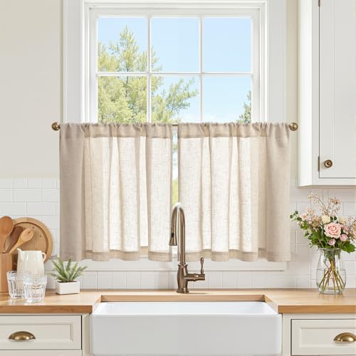 jinchan Linen Kitchen Tier Curtains, 38x24, 2 Panels, Natural | Light filtering, linen blend, rod pocket, farmhouse style, rustic decor, kitchen, bathroom, laundry room, RV, small windows - color: Rod Pocket | Natural Linen, size: 38"W x 24"L (Pack of 2)