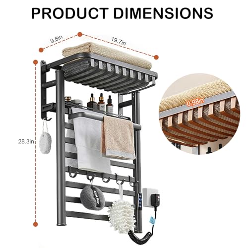 Wall Mounted Heated Towel Warmer Rack for Bathroom, Matching 8-Grid Electric Towel Warmer and 5 Hooks Auto Shut-Off Timer, LED Display Panel, for Bathroom Shower Hot Tub (Black)