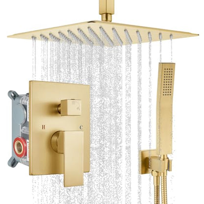 gotonovo Ceiling Shower System with Handheld Brushed Gold,10 inch Head | Ceiling Mount Bathroom Shower Faucet Set,SUS304 Rainfall Head and Handle Set Combo,Brass Valve Trim Kit,All Metal - color: Gold, size: 10 inch Head