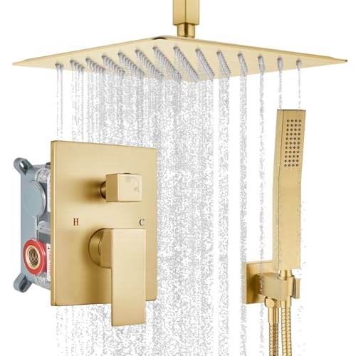 gotonovo Ceiling Shower System with Handheld Brushed Gold,10 inch Head | Ceiling Mount Bathroom Shower Faucet Set,SUS304 Rainfall Head and Handle Set Combo,Brass Valve Trim Kit,All Metal - color: Gold, size: 10 inch Head