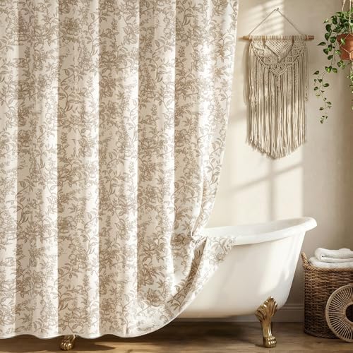 Farmhouse Beige Floral Shower Curtain with 12 Clear Rings, Fabric Faux Linen Shower Curtain Set, Vintage Cottagecore Shower Curtain for Bathroom 72" W x 84" L - color: Beige-taupe Base, size: 72"W x 84"L (Pack of 1)