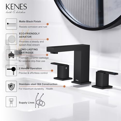 Matte Black Widespread Bathroom Faucet 3 Hole Vanity Faucet 2 Handle | Bathroom Sink Faucet with Pop Up Drain & Supply Lines, Lead-Free cUPC & NSF Certified, 8 Inch Faucet for Vanity Restroom Sink - color: Matte Black
