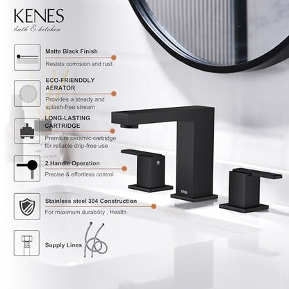 Matte Black Widespread Bathroom Faucet 3 Hole Vanity Faucet 2 Handle | Bathroom Sink Faucet with Pop Up Drain & Supply Lines, Lead-Free cUPC & NSF Certified, 8 Inch Faucet for Vanity Restroom Sink - color: Matte Black