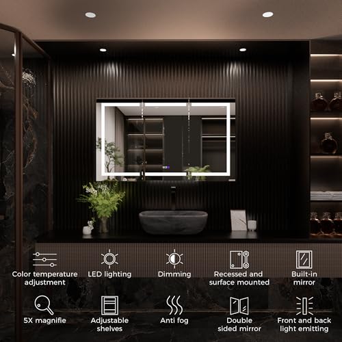 Luxury 66" Wall-Mounted LED Bathroom Medicine Cabinet, Outlets, Anti-Fog | Surface-Mount/Recessed, Double-Sided Mirror Cabinet, 3 Color Temp, DTC Silent-Close Hinges, Adjustable Tempered Glass Shelfs - size: 66"W x 36"H