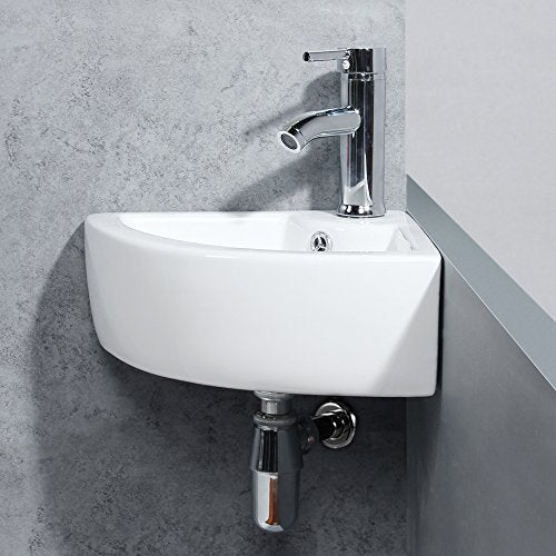 Wall Mount Triangle Corner Bathroom Sink with Faucet&Drain Kit 12.8x12.8in | Glossy stain-resistant ceramic; fast draining bowl; full mounting hardware; measure corner wall space before ordering - style: with Faucet&Drain Set