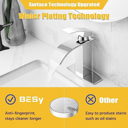 Bathroom Faucet 1 Hole Waterfall Vanity Sink Faucet Polished Chrome | One Hole Bathroom Sink Faucet, Square Single Handle, 6 Inch Deck Plate For 3 Hole, Supply Line, Pop-up Drain,Fits RV Restroom - color: Polished Chrome, style: Short - With Pop Up Drain