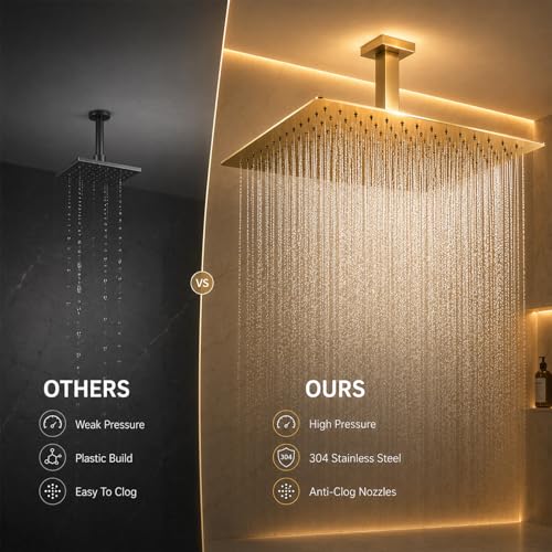 Rainfall Shower Head, BSTIIU 16 Inch Square Ceiling Mount Shower Head, Extra Large Stainless Steel Shower Head, Ultra Thin Waterfall Showerhead, Brushed Gold - color: Brushed Gold, size: 16-Inches, style: Square