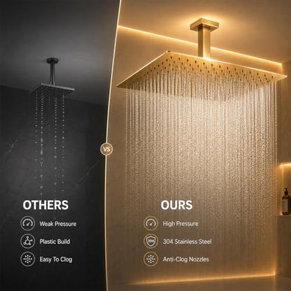 Rainfall Shower Head, BSTIIU 16 Inch Square Ceiling Mount Shower Head, Extra Large Stainless Steel Shower Head, Ultra Thin Waterfall Showerhead, Brushed Gold - color: Brushed Gold, size: 16-Inches, style: Square