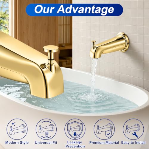 Universal Polished Gold Tub Spout with Diverter, Metal Cover and Adapter | Pull Down Bathroom Tub Faucet Replacement, for 1/2" Copper Pipe, 1/2" IPS & 3/4" IPS threaded, Bathtub Spout with Hex Wrench - color: Gold
