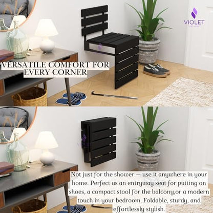 Folding Wall Mounted Teak Wood Shower Seat with Backrest, Water Resistant Foldable Bathroom Stool with Legs, Premium Materials Handmade Shoe Changing Bench, Space Saving and Super Safe Chair (Black) - color: Black