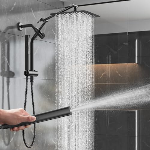 Veken 10" Luxurious All Metal Rain Shower Head with Handheld Spray Combo, High Pressure Rainfall Square Shower Heads with Extension Arm, Wide Dual Showerhead, Bathroom Accessories, Matte Black - color: Matte Black