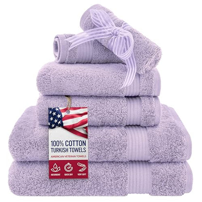 American Veteran Towel, 6 Piece Towel Set for Bathroom, 100% Cotton Turkish Bathroom Towels, 2 Bath Towels 2 Hand Towels 2 Washcloths, Lilac - color: Lilac, size: X Large 6 PC
