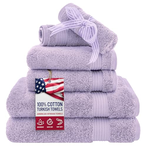 American Veteran Towel, 6 Piece Towel Set for Bathroom, 100% Cotton Turkish Bathroom Towels, 2 Bath Towels 2 Hand Towels 2 Washcloths, Lilac - color: Lilac, size: X Large 6 PC