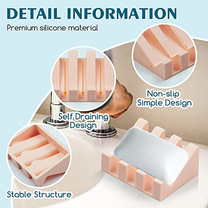 Self Draining Silicone Soap Dish with Suction Cups - Non-Slip Bar Soap Holder for Shower & Kitchen, Waterfall Tray Keeps Soap Dry, Easy Clean, Extends Soap Life (Grey/Pink, 2) - color: Grey/Pink, size: 2