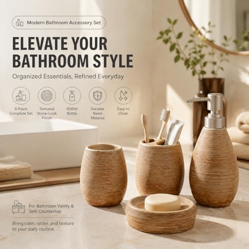 Bathroom Ceramic Accessories Set, 5 Piece Bathroom Set with Including Soap Dispenser, Mouthwash Cup, Soap Dish, Toothbrush Holder (Brown) - color: Brown
