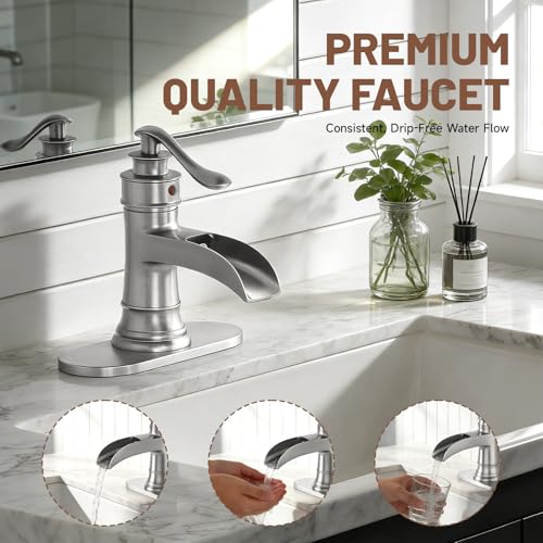 Brushed Nickel Waterfall Bathroom Faucet Single Handle 1 Hole | with Pop Up Drain Assembly & Water Supply Hose,Lead-Free Solid Brass,Farmhouse Faucet for Sink 1-3 Hole,Deck Mount - color: Brushed Nickel