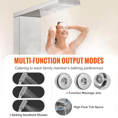 VEVOR Shower Panel Tower System, 6 Shower Modes, LED & Display Shower Panel, Rainfall, Waterfall, 4 Body Massage Jets, Tub Spout, Handheld Shower Head 59" Hose, Stainless Steel Wall-Mounted Shower Set