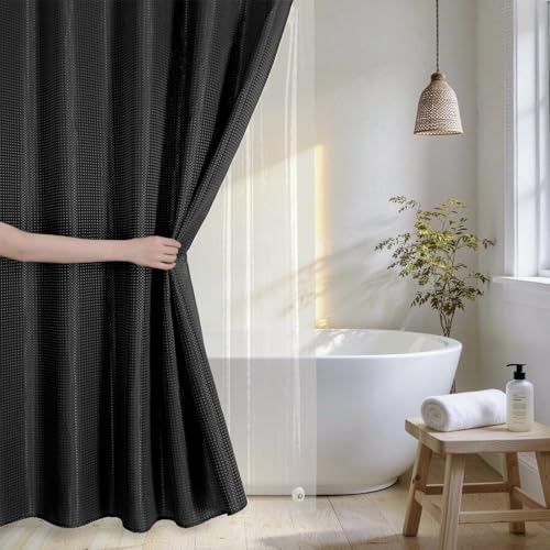 QiyI 3 in 1 Waffle Shower Curtain Set with Liner, Black, 72 x 78 | Shower Curtain and Liner Set with Hooks, Waterproof Bathroom Curtain with PEVA Liner & 12 Double Sided Clear Plastic Rings - color: Black, size: 72"W x 78"L (Pack of 1)