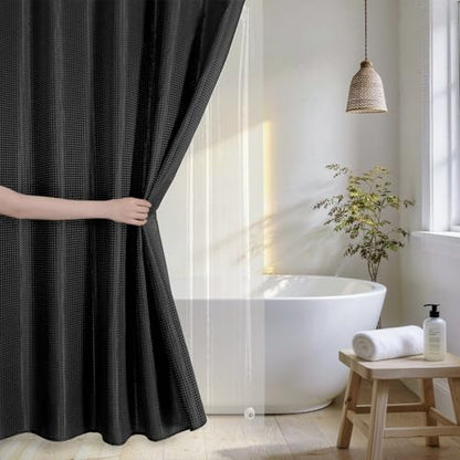 QiyI 3 in 1 Waffle Shower Curtain Set with Liner, Black, 72 x 78 | Shower Curtain and Liner Set with Hooks, Waterproof Bathroom Curtain with PEVA Liner & 12 Double Sided Clear Plastic Rings - color: Black, size: 72"W x 78"L (Pack of 1)