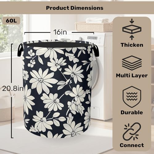 Black White Daisy Laundry Basket - Heavy Duty 60L Dirty Clothes Organizer, Water Resistant Foldable Hamper for Men Women - color: Black White Daisy