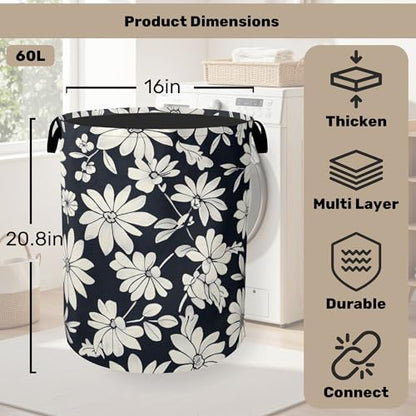 Black White Daisy Laundry Basket - Heavy Duty 60L Dirty Clothes Organizer, Water Resistant Foldable Hamper for Men Women - color: Black White Daisy