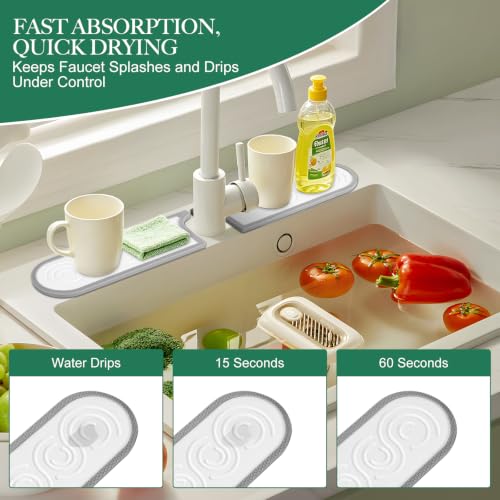 Faucet Mat for Kitchen Sink with Airflow Silicone Sleeve, Instant-Dry Diatomaceous Stone Sink Protector Tray Around Faucet for Kitchen, Bathroom, RV (White Wave, 23.2" x 3.9" x 0.47") - color: White Wave - Grey Silicone Edge