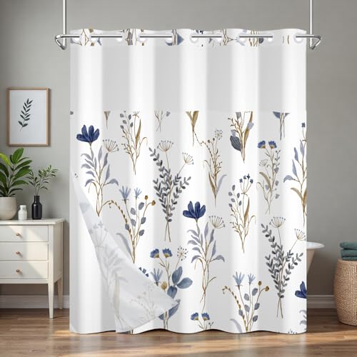 Watercolor Blue Floral Shower Curtains for Bathroom, No Hook Shower Curtain with Snap in Liner and Sheer Top Window, Double Layers Waterproof Fabric Bathroom Shower Curtain Sets with Weighted Hem - color: Blue Wildflower