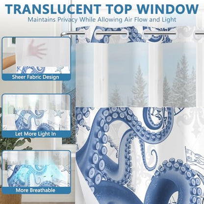 No Hook Shower Curtain and Liner Set, Nautical Navy Blue Shower Curtain with Translucent Window, Double-Layer Waterproof Bathroom Shower Fabric Curtains, Retro Coastal Octopus Pattern, 71x74 Inches - color: Nautical Colossal Octopus