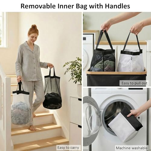 efluky Laundry Hamper with Lid, Double Laundry Basket with 2 Removable Bags, 2 Section Laundry Bin with Bamboo Handles for Bathroom, Bedroom & Laundry Room, 140L (36.9 Gallon) Black - color: Black, size: 140L Dual