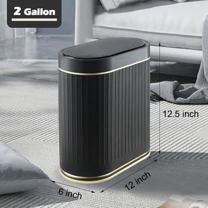 SYNCVIBE Bathroom Sensor Trash Can with Lid, 2 Gallon, Black Gold | Automatic Garbage Can, 7.5 Liter Smart Trash Bin, Slim IPX5 Waterproof Plastic Wastebasket for Bedroom and Office - color: Black gold