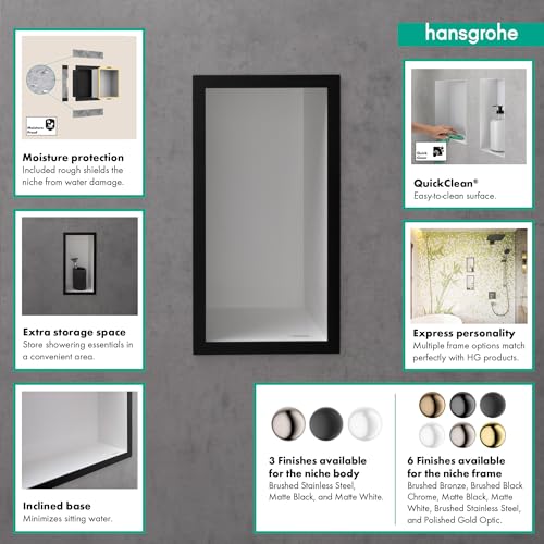 hansgrohe XtraStoris Individual Recessed Wall Niche Matte White with Design Frame 12"x 6"x 4" in Brushed Bronze, 56096140 - color: Brushed Bronze