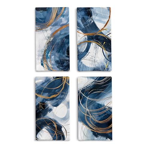 Abstract Navy and Gold Kitchen Dish Towels Set of 4, Modern Luxury Decorative Hand Towels for Bathroom, Blue and Gold Bathroom Kitchen Decor, Modern Home Decor, 16x24 Inches - color: Abstract Navy and Gold