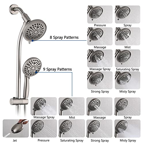 Rainfall Shower Head with Handheld Shower Spray, with 26" Drill Free Adjustable Height Slider Bar, High Pressure Dual Shower Head Combo, 3-Way Diverter for Easy Reach, 5Ft Hose-Brushed Nickel - color: Brushed Nickel