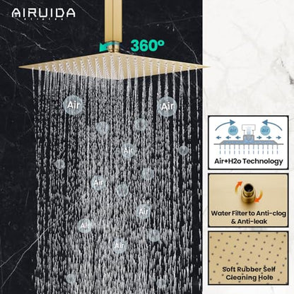 Airuida 10 Inch Brushed Gold Shower Faucet Set,Rainfall Shower System | Ceiling Shower Head,Male Thread Rough-in Valve,Ceiling Mount,Single Handle - color: Brushed Gold, size: 10 Inch