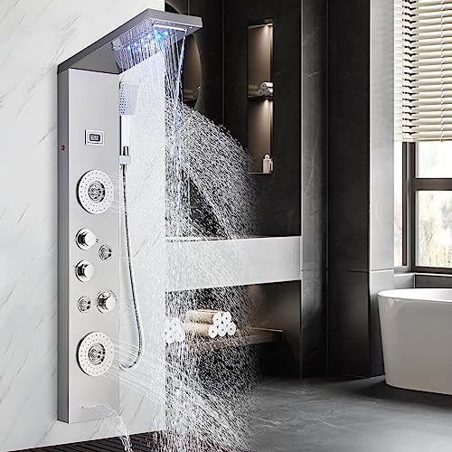 AlenArt Shower Panel LED Shower Tower System with Rainfall Waterfall Shower Head, 4 Body Massage Jets,Hand Shower Sprayer and Tub Spout Stainless Steel, Brushed Nickel - color: Brushed Nickel
